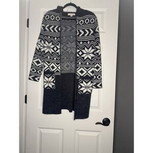 Monteau Hooded Open Front Cardigan Sweater Small Blue White Nordic Fair Isle